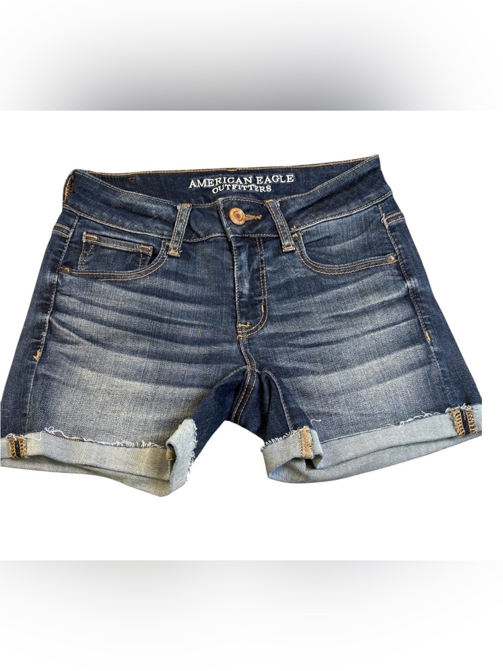 American Eagle AE Super Super Stretch Low Rise Denim Shorts Cuffed Blue 3"